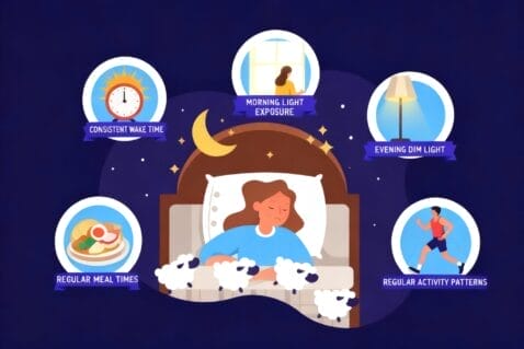 A person sleeps in bed, with icons around them showing wake time, light exposure, meals, and activity routines.